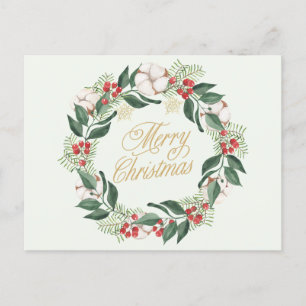 Cartão Postal De Festividades Feliz Natal Watercolor Wreath com Berries