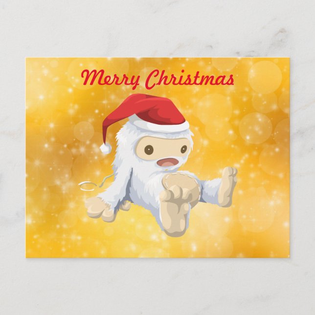 Cartão Postal De Festividades Feliz Natal - Yeti de Natal em Santa Hat (Frente)