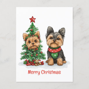 Cartão Postal De Festividades Feliz Natal Yorkie Dogs