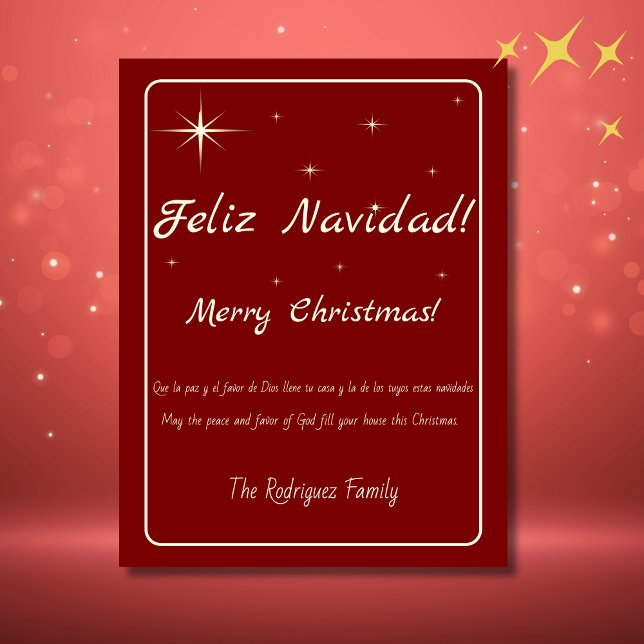Cartão Postal De Festividades Feliz Navidad Dourado e Vermelho Natal Bilingue (bilingual Spanish Christmas postcard red, customizable Spanish text. Multilingual project)