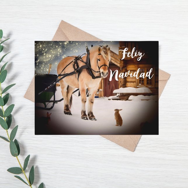 Cartão Postal De Festividades Feliz Navidad, fazenda noturna de Natal com cavalo (Criador carregado)