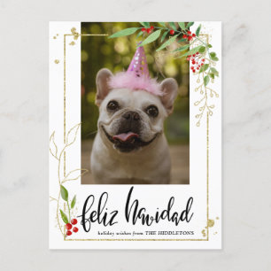 Cartão Postal De Festividades Feliz Navidad   Foto Script Dourada Berry Holly