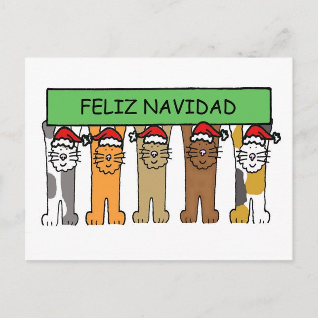 Cartão Postal De Festividades Feliz Navidad Happy Christmas in Spanish Cute Cats (Frente)