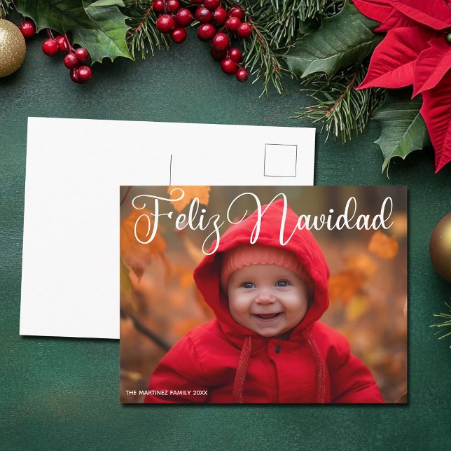 Cartão Postal De Festividades Feliz Navidad White Script Foto do Natal em espanh (Criador carregado)