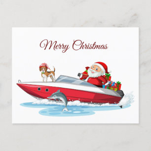 Cartão Postal De Festividades Feliz Papai noel de Natal no Barco com Cachorro
