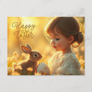 Cartão Postal De Festividades Feliz Páscoa Menina Bonita com Coelho
