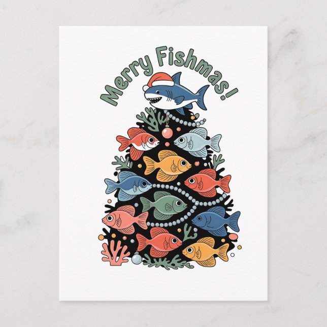 Cartão Postal De Festividades Feliz Peixes Árvores de Natal Engraçados Pesca (Frente)