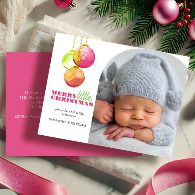 Cartão Postal De Festividades Feliz Pequeno Sip de Foto de Natal (Sip and see Merry Little Christmas watercolor bauble art by Victoria Grigaliunas Do Tell A Belle)