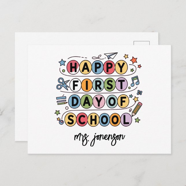 Cartão Postal De Festividades Feliz Primeiro Dia da Escola Nome Personalizado (Frente/Verso)