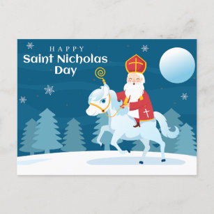Cartão Postal De Festividades Feliz Santo Nicholas Day White Horse