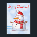 Cartão Postal De Festividades Feliz Snowman de Natal com mensagem.<br><div class="desc">Um bonitinho bonitinho bonitinho de Natal que é meio gordinho e alegre vestindo um cachecol listrado e um chapéu de natal vermelho. Festivo e divertido. A mensagem de Feliz Natal nas costas diz: Desejando-lhe Paz e Alegria esta Festa de Férias e toda a felicidade ao longo do Ano Novo. Personalize-o...</div>