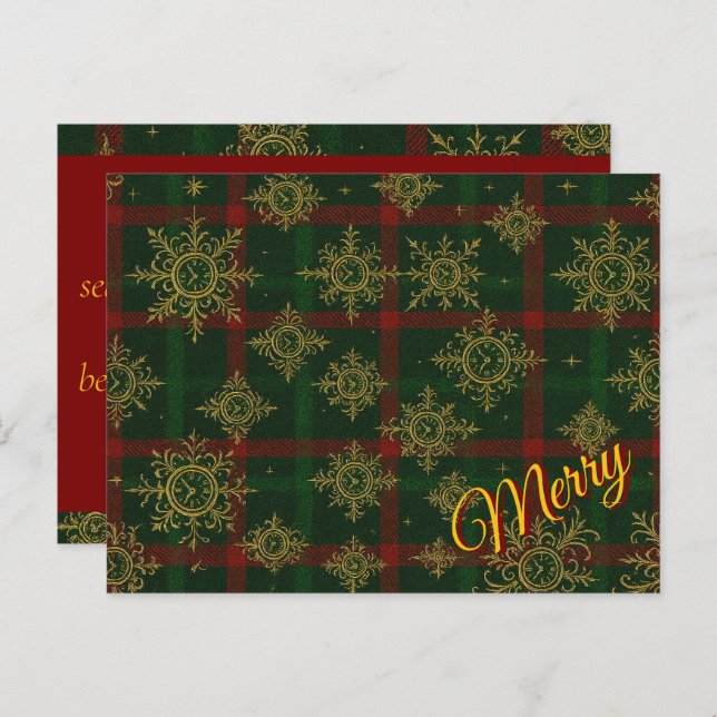 Cartão Postal De Festividades Feliz Steampunk Snowflake Red e Green Tartan (Frente/Verso)