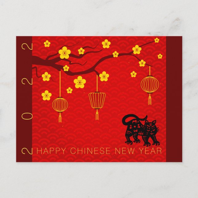 Cartão Postal De Festividades Feliz Tigre Chinês Novo Ano 2022 Blossoms HPostC (Frente)