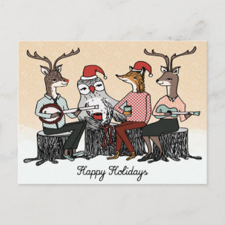 Cartão Postal De Festividades Felizes Feriados Animais Woodland Stump Music Card