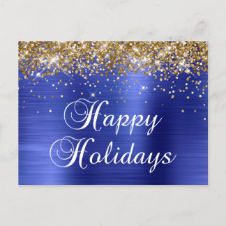 Cartão Postal De Festividades Felizes Feriados Dourados Glittery Faux Blue Foil