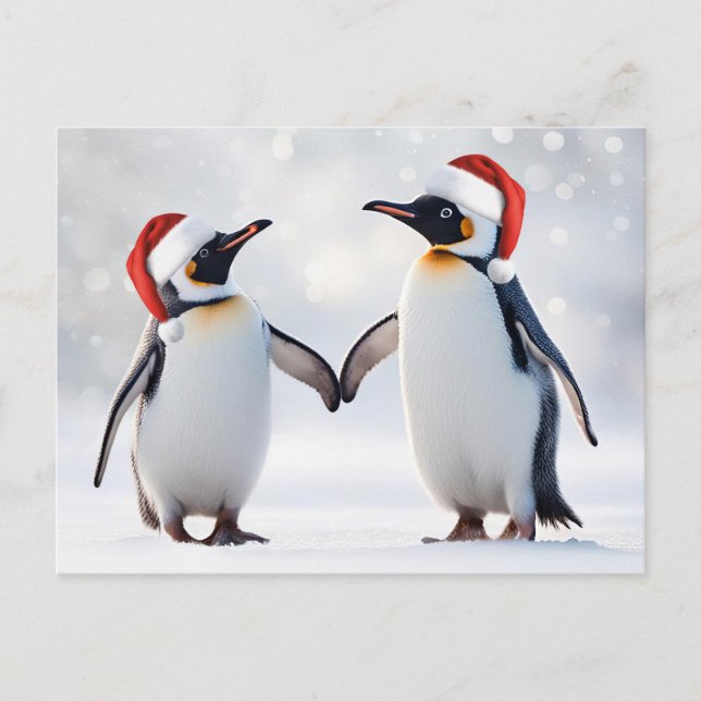 Cartão Postal De Festividades Felizes Feriados Feliz Natal com Pinguins (Frente)