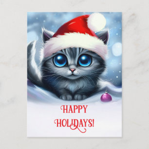 Cartão Postal De Festividades Felizes Feriados Gatinho e Santa Hat