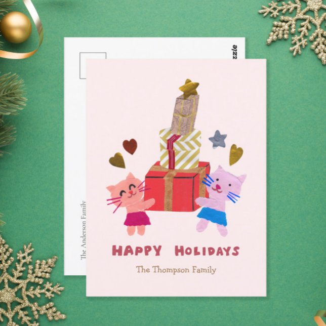 Cartão Postal De Festividades Felizes Feriados Gatos Frescos com Presentes Rosa  (Criador carregado)