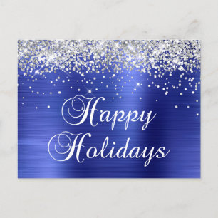 Cartão Postal De Festividades Felizes Feriados Prateados Glittery Faux Azul