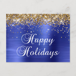 Cartão Postal De Festividades Felizes Férias Dourado Brilhante Falso Azul Folha