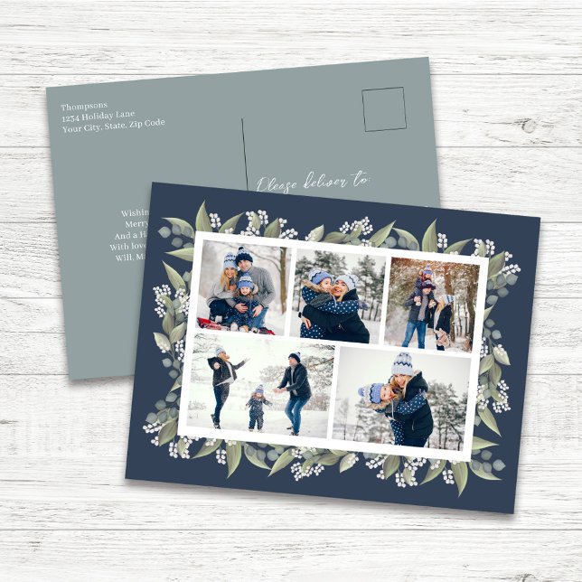 Cartão Postal De Festividades Felizes Festas Colagem de Fotos Floral Azul Marinh (Navy blue winter floral custom multi photo postcard.)