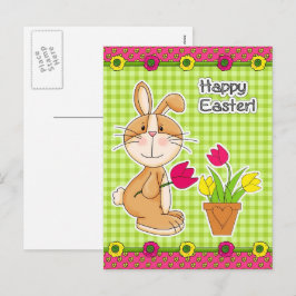 Cartão Postal De Festividades Felz pascoa. Coelhinho Bonito com Tulipas