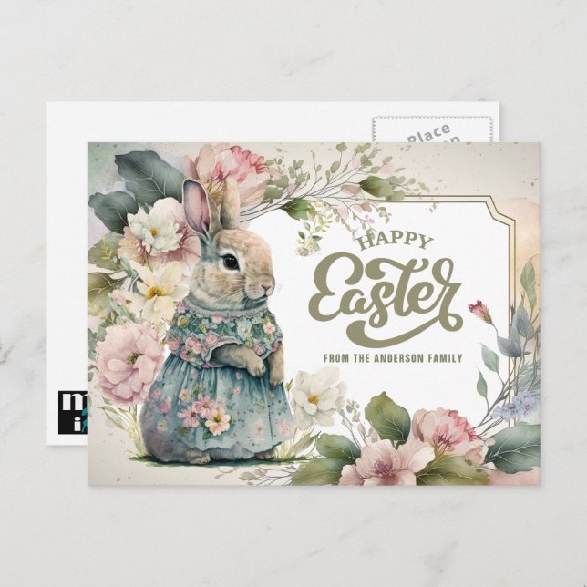 Cartão Postal De Festividades Felz pascoa. Coelhinho Bonito E Moçado (Frente/Verso)