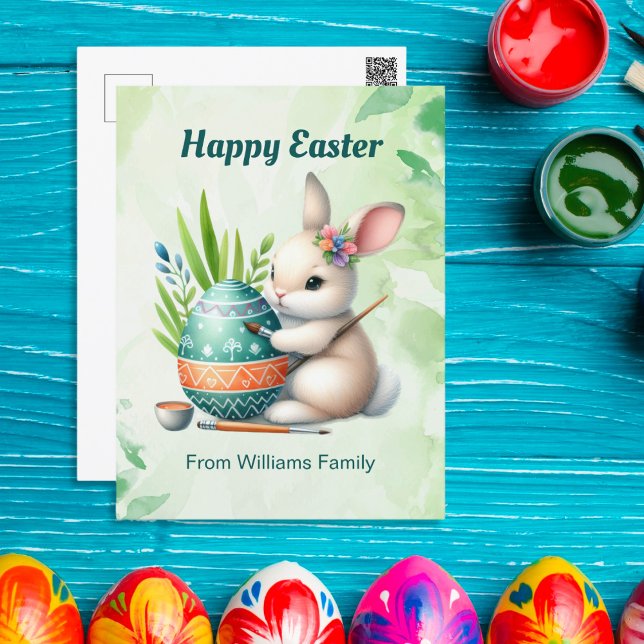 Cartão Postal De Festividades Felz pascoa, Coelhinho Bonito pintando um ovo de P (Criador carregado)