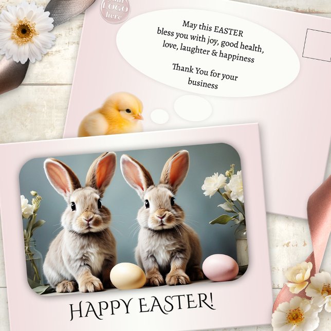 Cartão Postal De Festividades Felz pascoa de Fotografias Personalizado (Happy Easter Thank You for your business postcard with custom photo and logo on soft pastel pink)