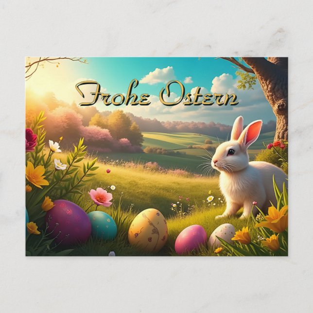 Cartão Postal De Festividades Felz pascoa em um panorama Primavera (Frente)