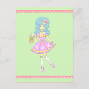 Cartão Postal De Festividades Felz pascoa Girl Green