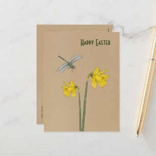 Cartão Postal De Festividades felz pascoa, narciso, daffodil e libélula