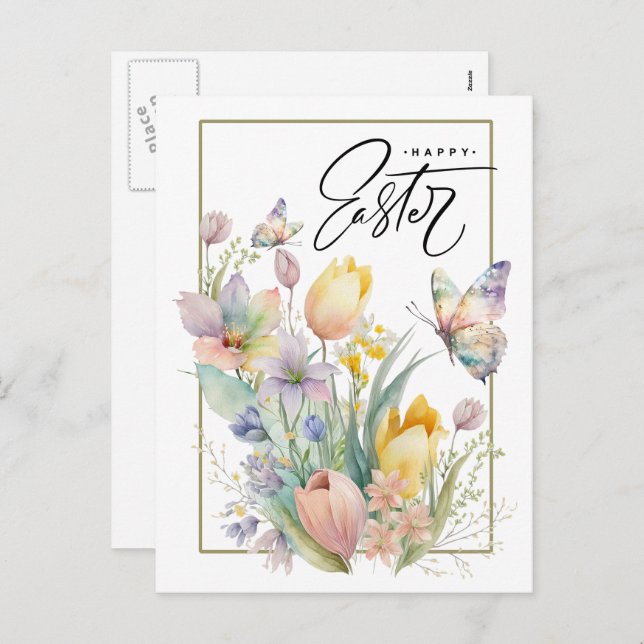 Cartão Postal De Festividades Felz pascoa. Tulipas de Aquarela e Borboleta (Frente/Verso)