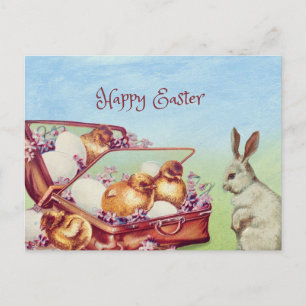 Cartão Postal De Festividades Felz pascoa Vintage Bunny e Chicken
