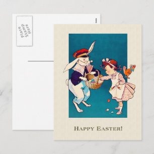 Cartão Postal De Festividades Felz pascoa. Vintage Little Girl and Hare