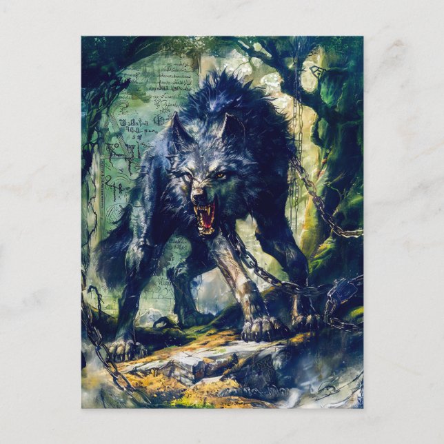 Cartão Postal De Festividades Fenrir Wolf Encadeado em Cena Mística (Frente)