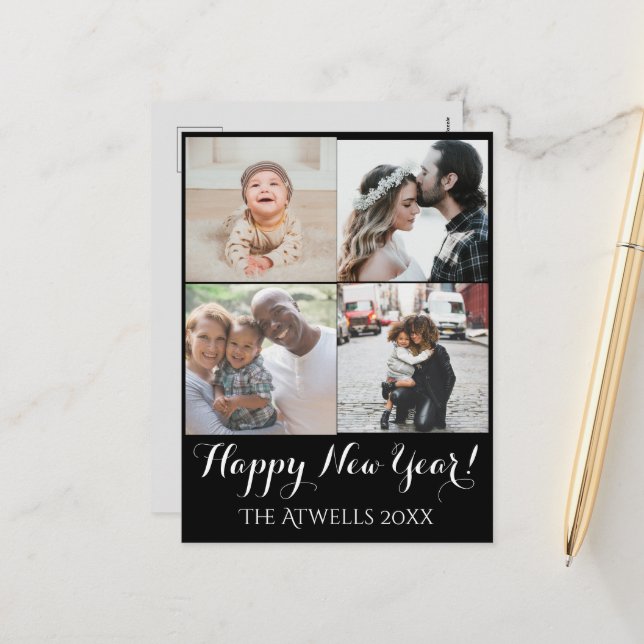 Cartão Postal De Festividades Feriado 4 Família de Felizes anos novos Preta (Frente/Verso In Situ)