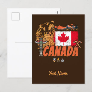Cartão Postal De Festividades Feriado De Bandeira E Urso Grizzly No Canadá