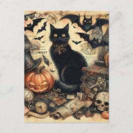 Cartão Postal De Festividades Feriado de Gato Preto do Halloween Vintage