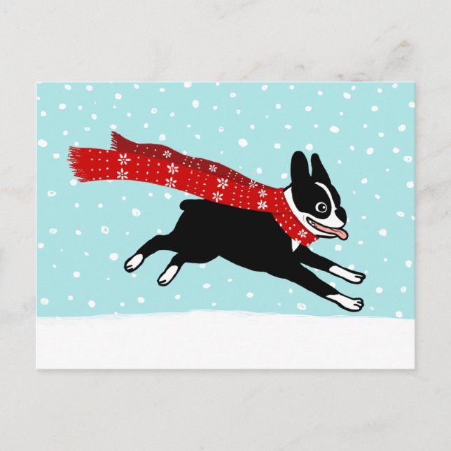 Cartão Postal De Festividades Feriado de inverno Boston Terrier que veste o (Frente)