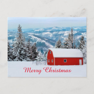 Cartão Postal De Festividades Feriado de inverno Rustic Red Barn Snow