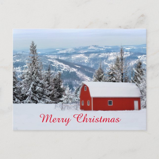 Cartão Postal De Festividades Feriado de inverno Rustic Red Barn Snow (Frente)