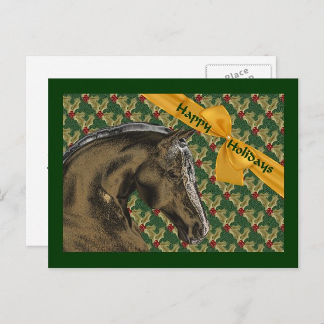Cartão Postal De Festividades Feriado De Natal De Cavalo E Holly Personalizável (Frente/Verso)