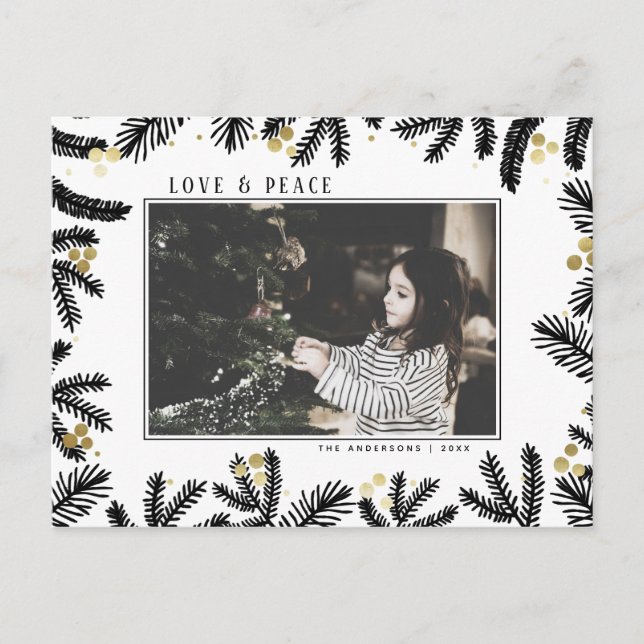 Cartão Postal De Festividades Feriado moderno de pinheiro preto e Dourado e Berr (Frente)