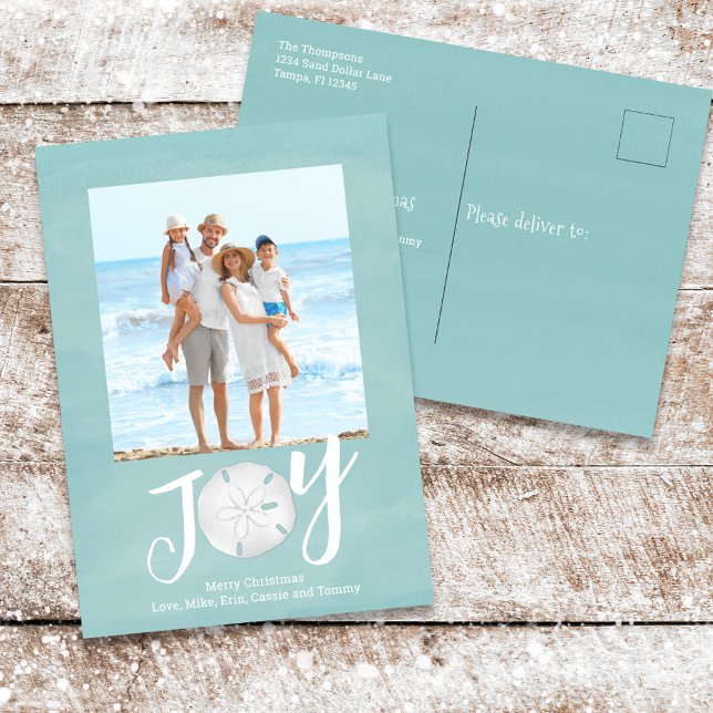 Cartão Postal De Festividades Feriado Natal Joy Foto Simple Beach Budget (Christmas Holiday Joy Typography Sand Dollar Beach Photo Postcard)