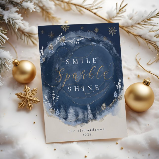 Cartão Postal De Festividades Feriado noturno de inverno em Tinta e Joias de Aqu (Navy Watercolor Ink & Jewels Winter NNavy Watercolor Ink & Jewels Winter Night Holidayight Holiday)