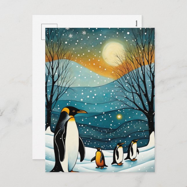 Cartão Postal De Festividades Feriados de Natal em Pinguim Noturno de Neve (Frente/Verso)