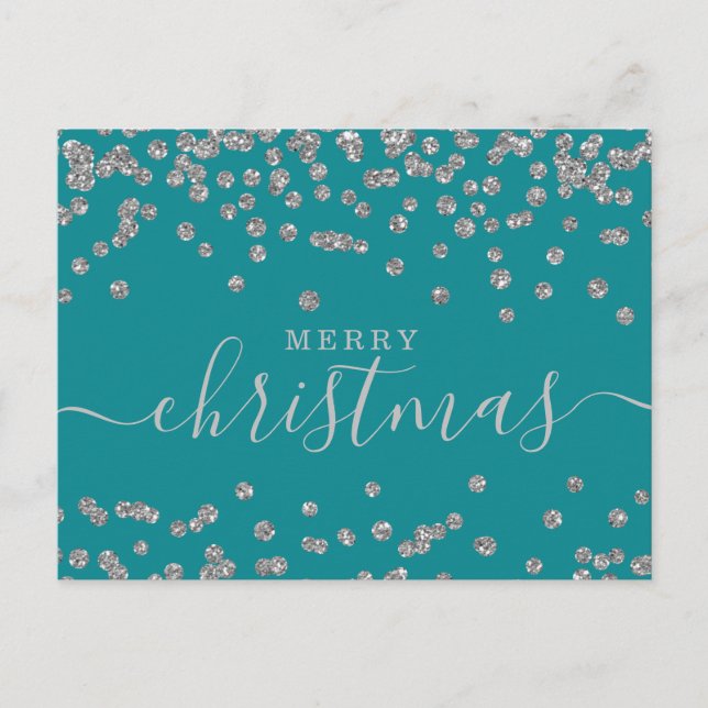Cartão Postal De Festividades Feriados de Natal Simples em Prata - Teal Glitter (Frente)