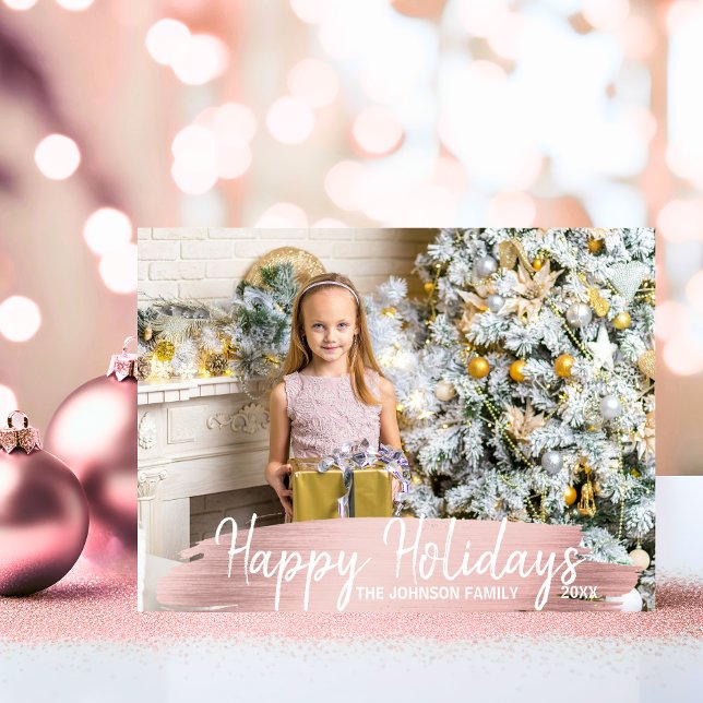 Cartão Postal De Festividades Feriados Felizes Dourados de Natal Rosa Rosa Rosa  (Rose Gold Christmas Happy Holidays Family  PHOTO Holiday Postcard)