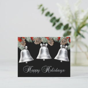 Cartão Postal De Festividades Feriados Felizes, Sinos de Prata com Pine Cones